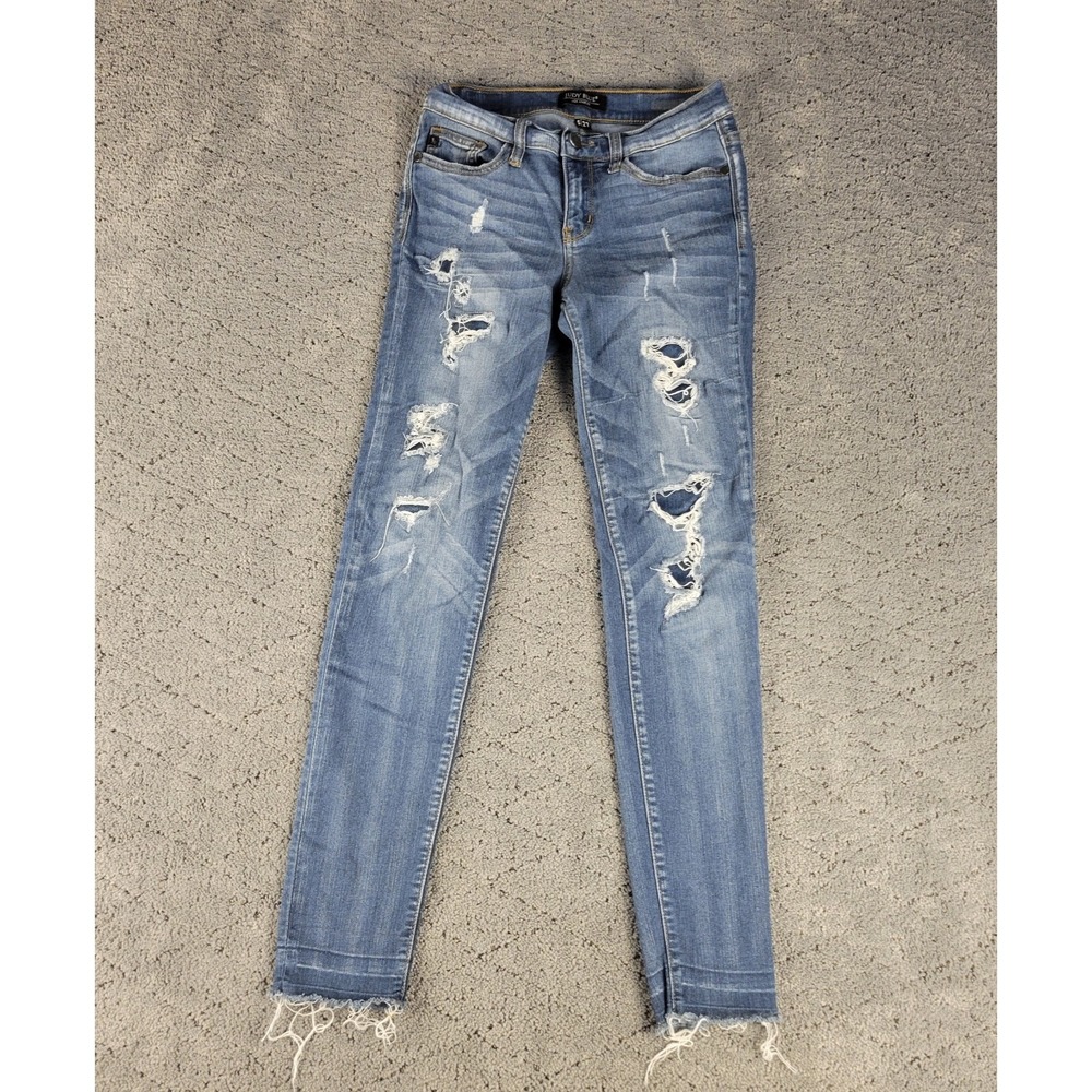 Judy Blue Jeans Womens 5/27 Blue‎ Skinny Fit Distressed Raw Hem Low Rise Stretch
